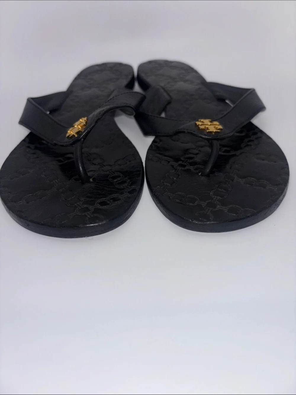 Tory Burch Black Leather Logo Thong Sandals with Gold Emblem